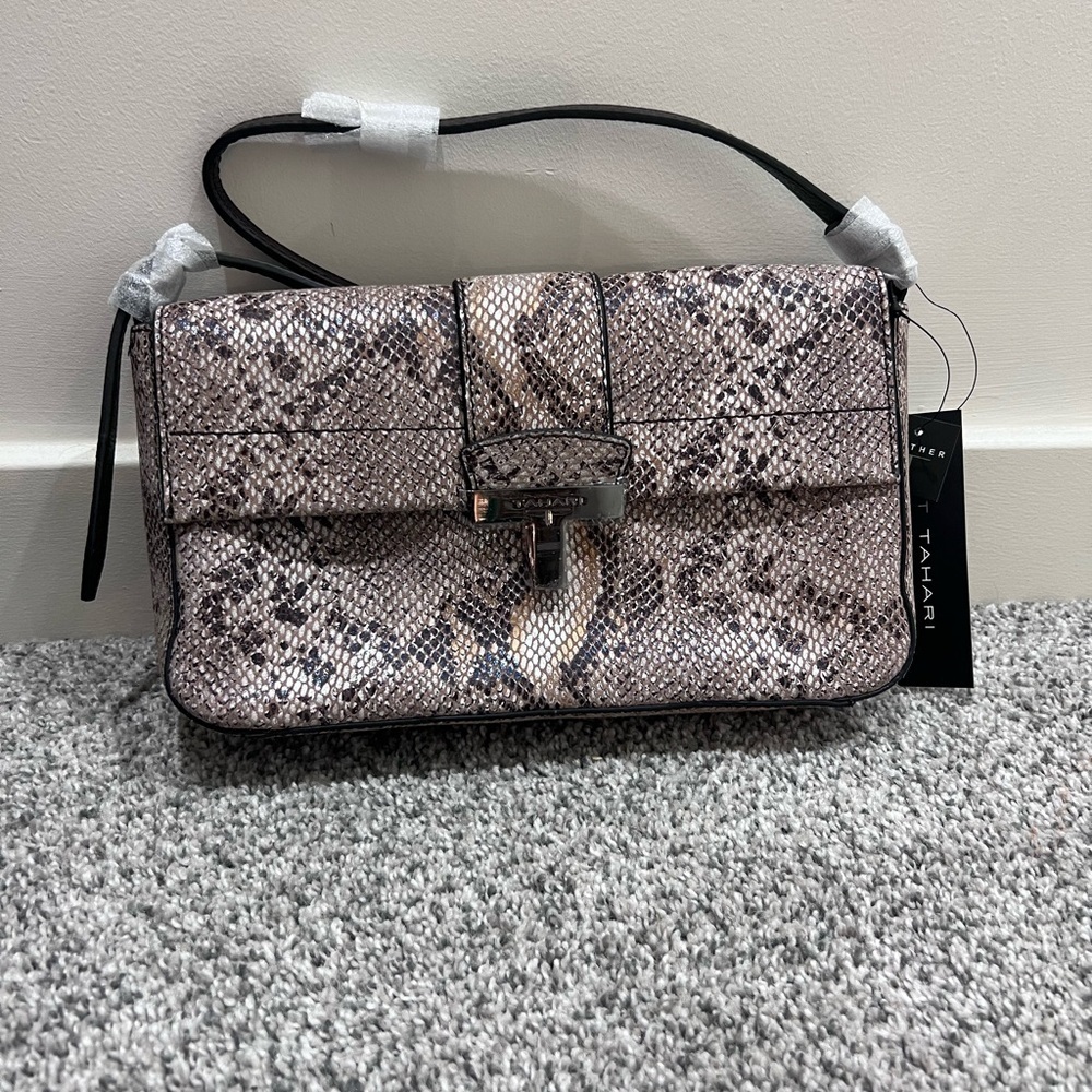 NWT! Tahari Snake Print Genuine Leather Brown Color Frida Flap Shoulder Bag $228